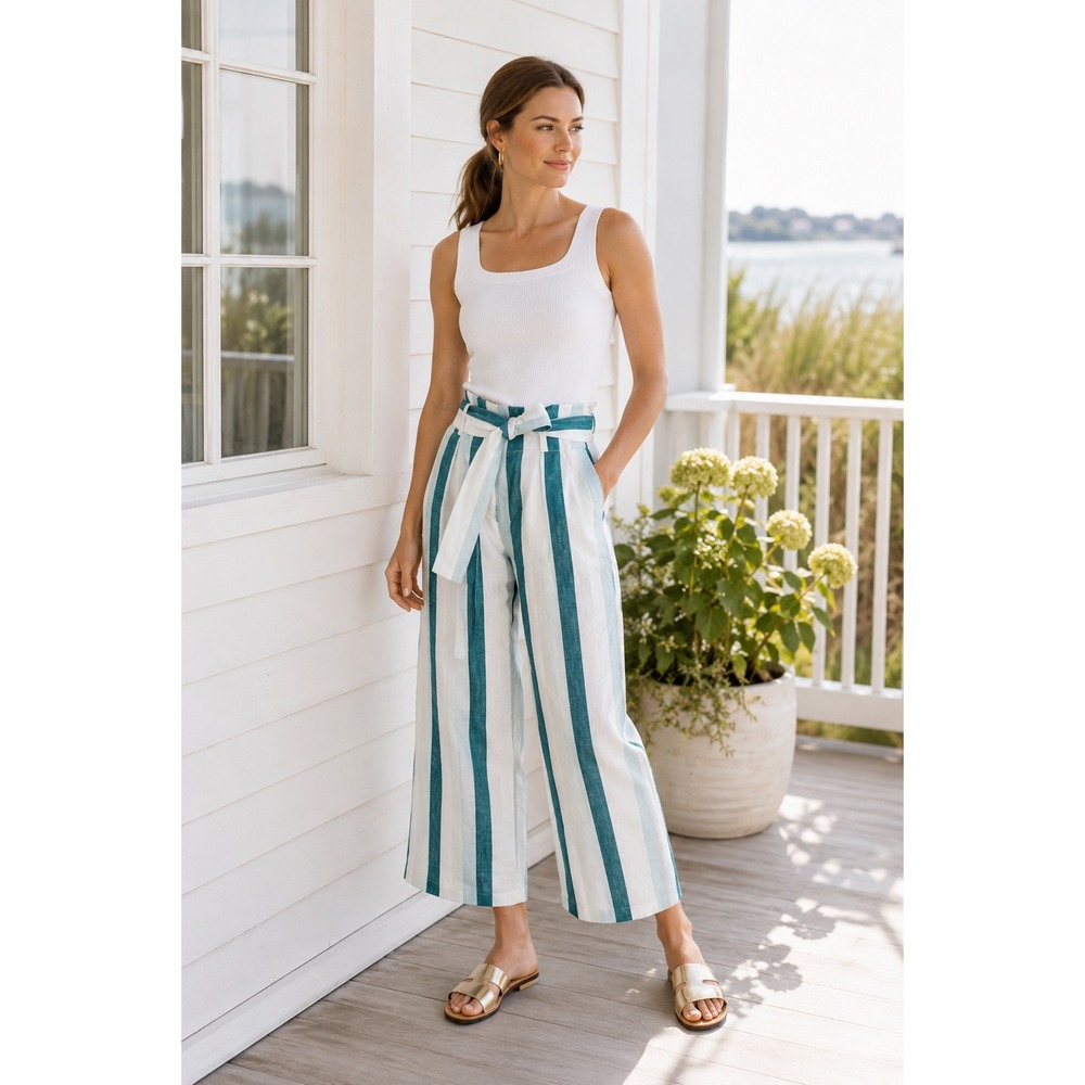 NWT‎ J.Crew Cabana Stripe Wide-Leg Pants Women 4 Turquoise Jade Linen Crop